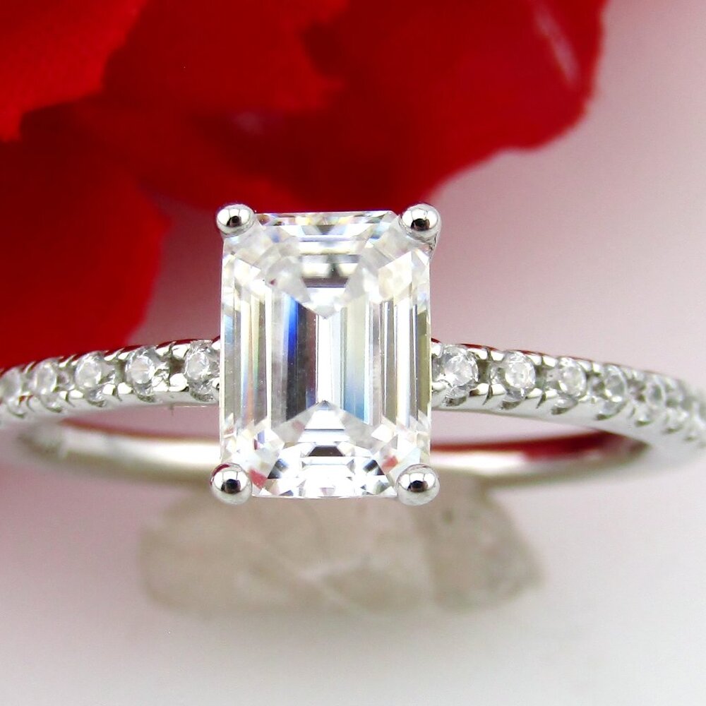1 CT Certified Emerald Cut Moissanite Diamond Engagement Ring 925 Silver Size 7